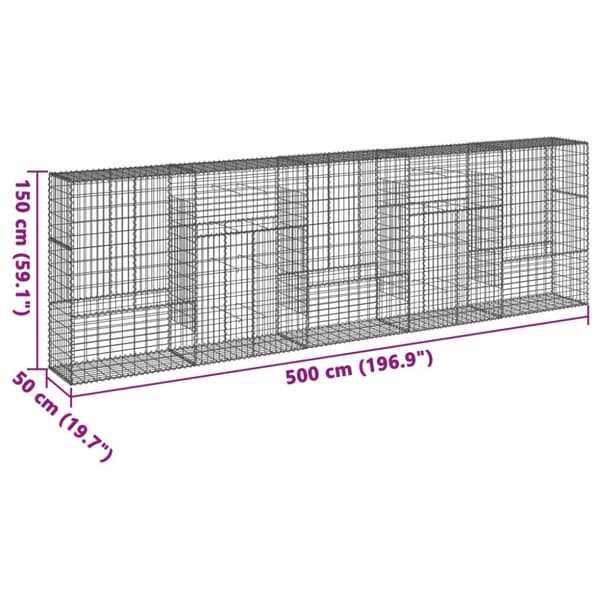 vidaXL gabionkurv med cover 500x50x150 cm galvaniseret jern