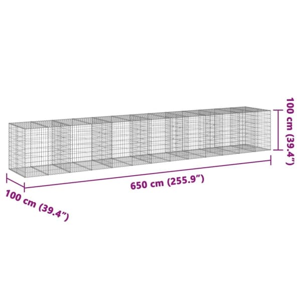 vidaXL gabionkurv med cover 650x100x100 cm galvaniseret jern