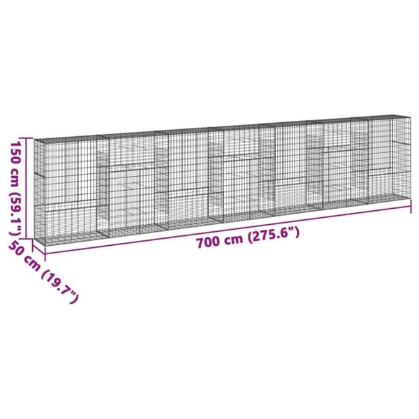 vidaXL gabionkurv med cover 700x50x150 cm galvaniseret jern