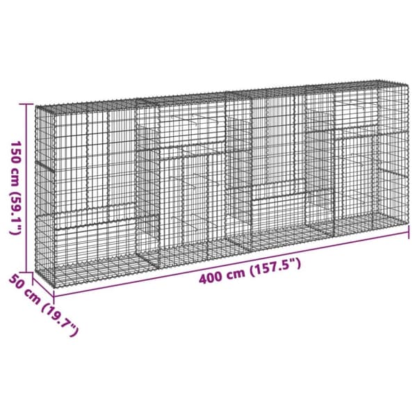 vidaXL gabionkurv med cover 400x50x150 cm galvaniseret jern