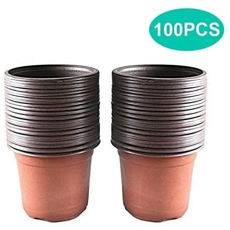 Set med 100 plastkrukor för plantor och växter, 10 cm - brun - 8 dräneringshål