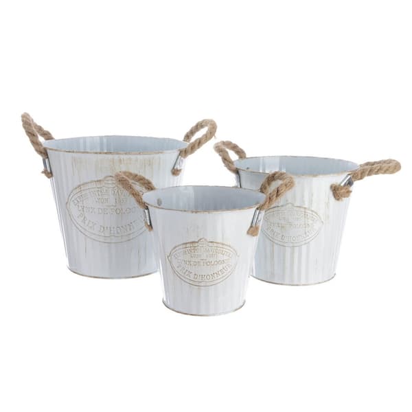 Set med planteringskärl Decoris Vit Metall Snöre Med handtag (3 Delar)