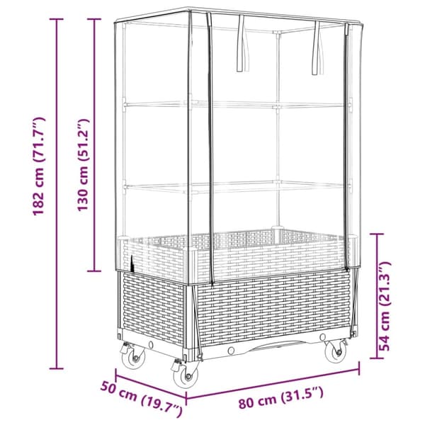 vidaXL højbed med overtræk og hjul 80x50x182 cm rattan-look
