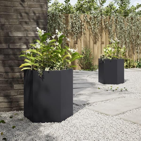vidaXL Hageplanter 2 stk svart sekskantet 46x40x45 cm stål