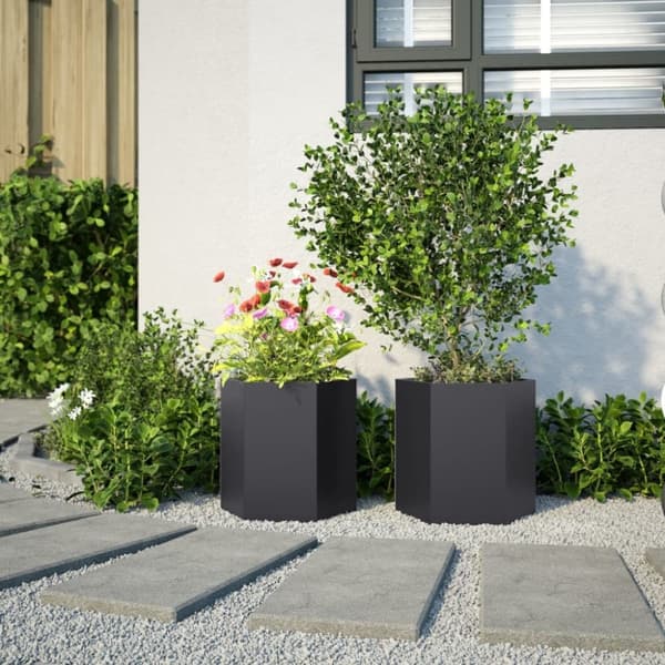 vidaXL Istutuskoneet 2kpl musta kuusikulma 46x40x45 cm teräs