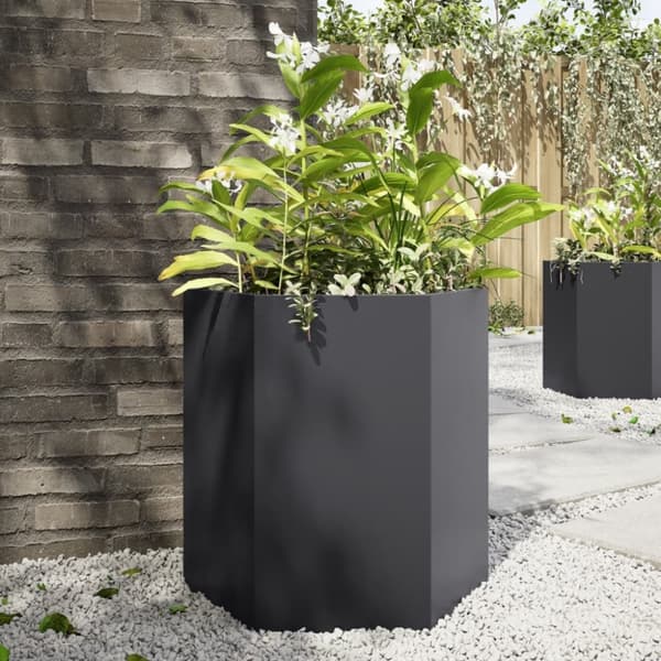 vidaXL Istutuskoneet 2kpl musta kuusikulma 46x40x45 cm teräs