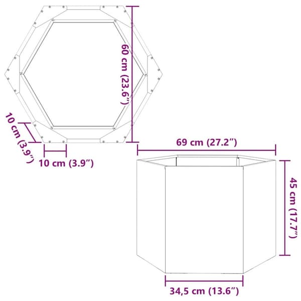 vidaXL Plantekasse sekskantet 69x60x45 cm rustfritt stål