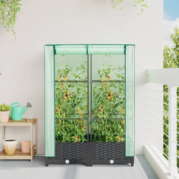 vidaXL Odlingslåda med växthusöverdrag rottinglook 80x40x123 cm