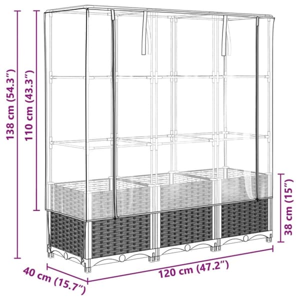 vidaXL Odlingslåda med växthusöverdrag rottinglook 120x40x138 cm