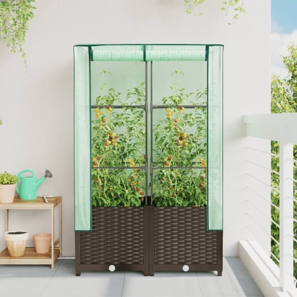 vidaXL Odlingslåda med växthusöverdrag rottinglook 80x40x138 cm
