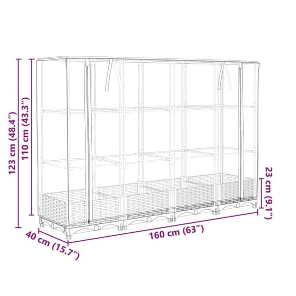 vidaXL højbed med drivhusovertræk 160x40x123 cm rattan-look