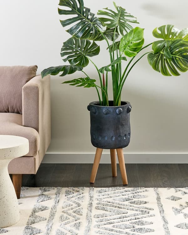 Plantestativ grafitgrå magnesiumoxid rund massiv træbase høj potte til blomster og planter