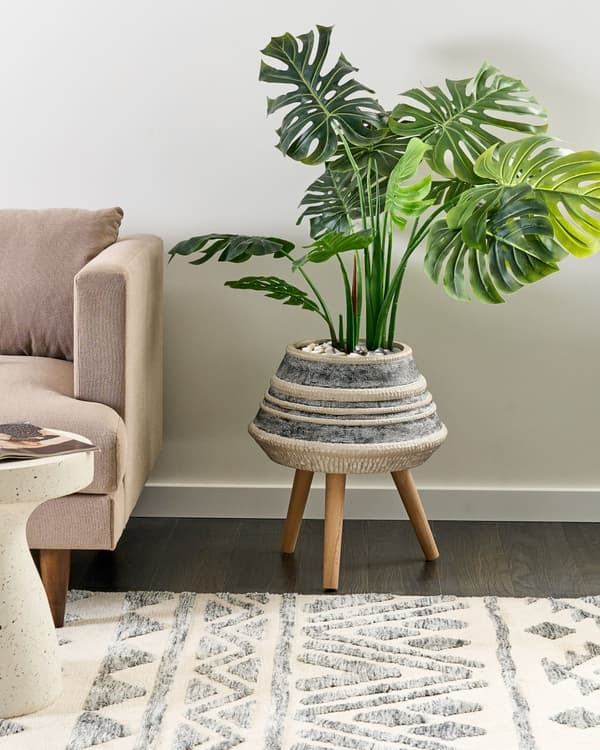 Växtställ Beige och Grå Magnesium Rund Massiv Träbas Hög Växtkruka Blomkruka Trästativ Träställning