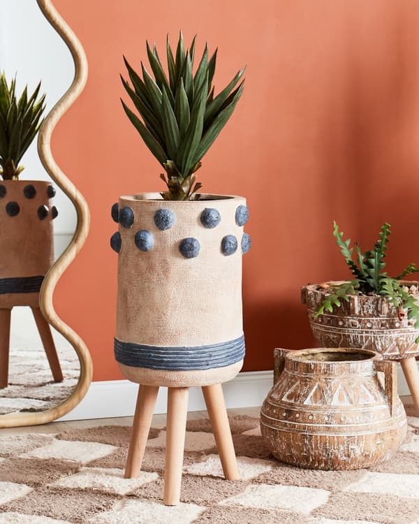 Blomsterstativ Sandbeige Magnesium Rund Massivt Treunderlag Høy Plantepotteholder