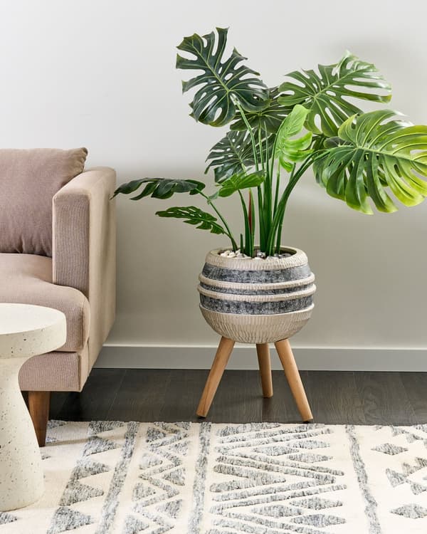 Blomkruka Beige och Grå Magnesium Rund Massiva Träben Hög Växtställ Kruka Planteringskärl
