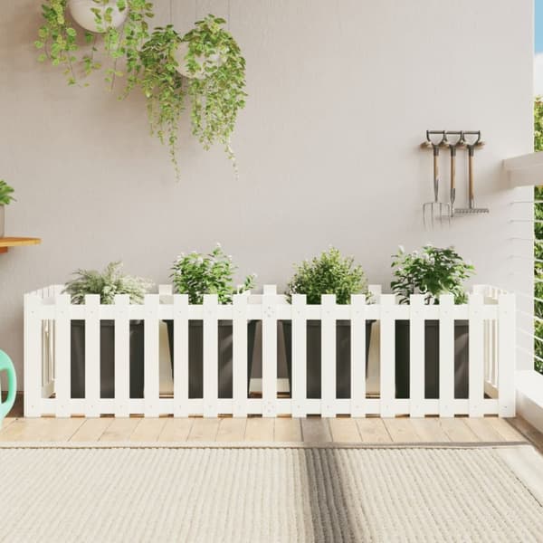 Odlingslåda med staket-design vit 200x50x50 cm massiv furu