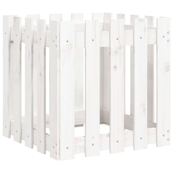 Odlingslåda med staket-design vit 50x50x50 cm massiv furu