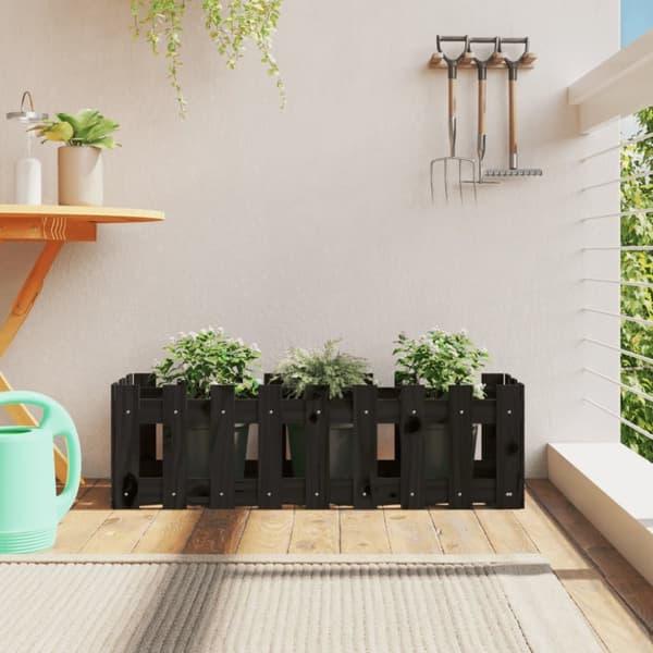 Odlingslåda med staket-design svart 100x30x30 cm massiv furu