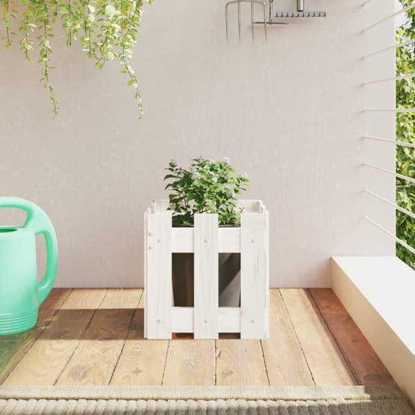 Odlingslåda med staket-design vit 30x30x30 cm massiv furu
