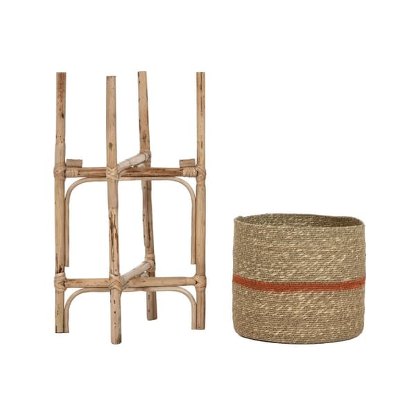 Sett med blomsterpotter Home ESPRIT Naturell Jute Treverk av mangotre 26 X 26 X 67 cm (2 Deler)