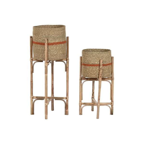 Sett med blomsterpotter Home ESPRIT Naturell Jute Treverk av mangotre 26 X 26 X 67 cm (2 Deler)