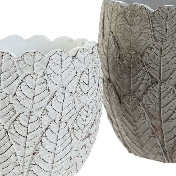 Set med planteringskärl DKD Home Decor Vit Grå Cement Blad Berg 18 x 18 x 15 cm Fyrkantig (2 antal) (2 Delar)
