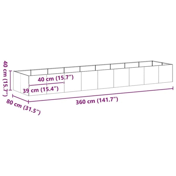 vidaXL Kukkalaatikko musta 360x80x40 cm teräs