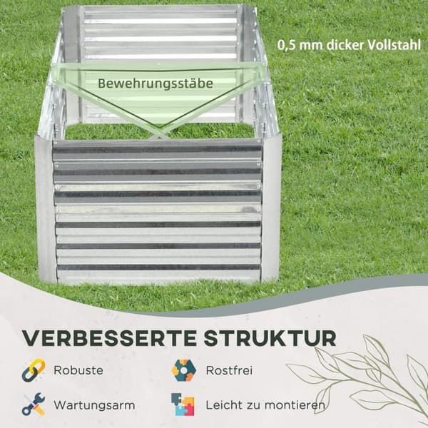 Rootz Steel Plant Pot - Flower Bed - Raised Garden Bed - Longevity - 180 cm x 90 cm x 59 cm - Sølv - indendørs og udendørs brug