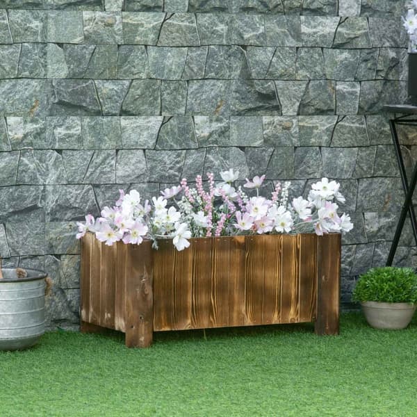 Rootz Jardinière på Stand - Flower Basin - Raised Planter Box - Rustic -Chic Elegance - 70L X 35W X 30H CM - Charred Spruce Wood