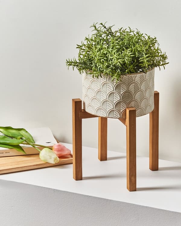 Plantekrukke Hvid Metal Træben 20 x 20 x 32 cm Frostsikker Krukke Inden Udendørs Blomsterkrukke med Mønster Rund Urtepotteskjuler