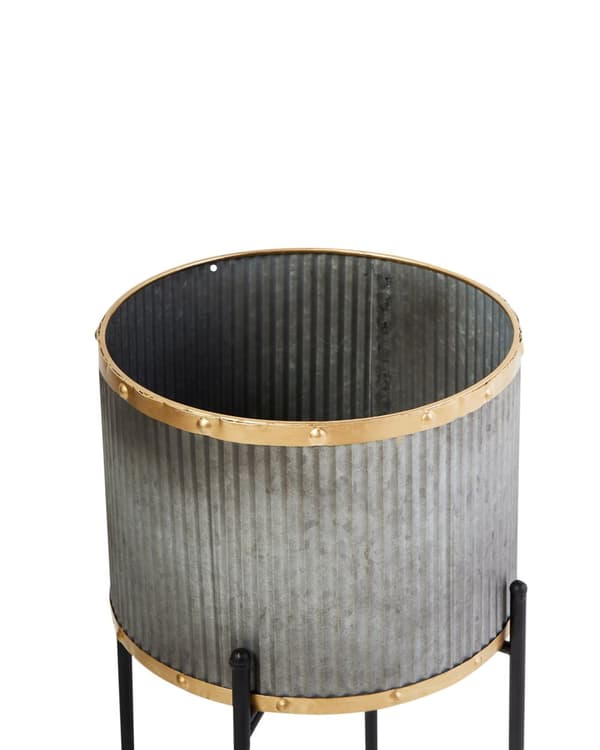 Plantekrukke Grå Metal Træben 26 x 26 x 52 cm Frostsikker Krukke Inden Udendørs Blomsterkrukke med Riller Rund Urtepotteskjuler
