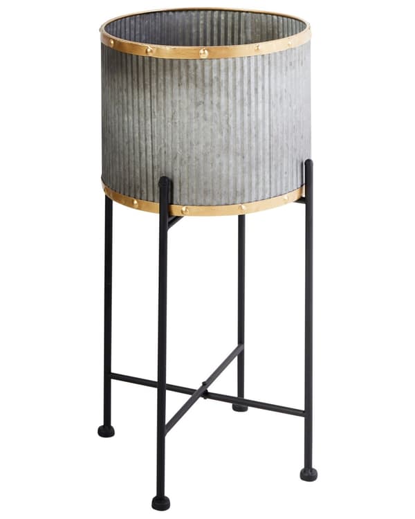 Plantekrukke Grå Metal Træben 26 x 26 x 52 cm Frostsikker Krukke Inden Udendørs Blomsterkrukke med Riller Rund Urtepotteskjuler