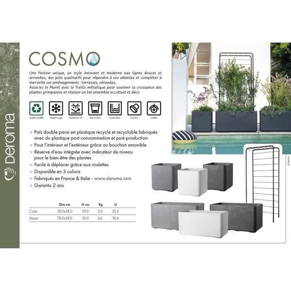 Muret Planter - DEROMA - Cosmo - Antracit - Med vattenreserv - Hjul - 78 cm