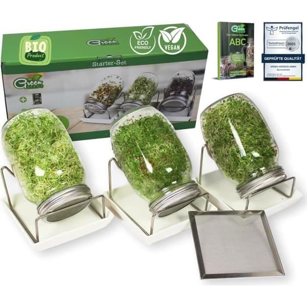 Gröna SEEDS Groddburk 3 Set om 1000ml med Lock i Rostfritt Stål med Galler