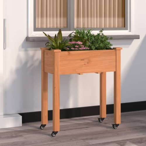 Odlingslåda på hjul med foder brun 71x37x80 cm massivt granträ