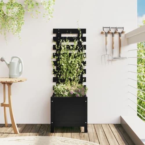 Odlingslåda med spaljé svart 39x39,5x114 cm massiv furu