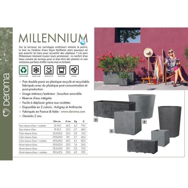 Jardinière Muret - DEROMA - Millennium R - Askgrå - Med vattenreserv - Rullande hjul - 99 cm