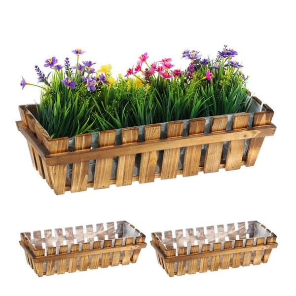 Relaxdays Krukor, set om 3, trä, ljust panelutseende, fönsterbrädor och balkonger, HxBxD 12 x 45 x 19,5 cm, behållare, naturlig