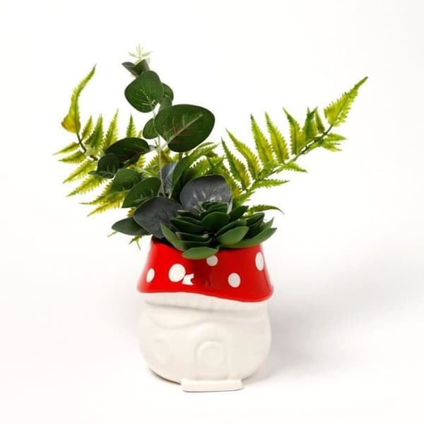Keramisk inomhuskruka Fairy House Mushroom Puckator - vit/röd - 11x9x10 cm