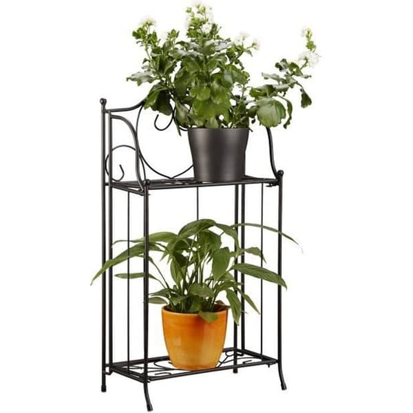Relaxdays Blomsterhylla i metall 2 plan utomhus växtstöd balkong terrass trädgård HxBxD: 64,5 x 33,5 x 18 cm, svart