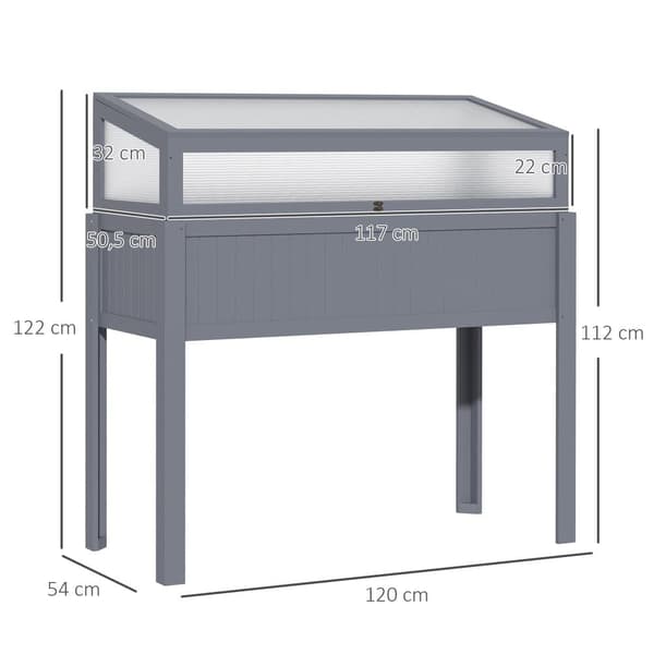 Kasvihuone, korotettu puutarhaviljelylaatikko puulla ja kylmäsuojalla 2-in-1, 120x54x112/122 cm, harmaa
