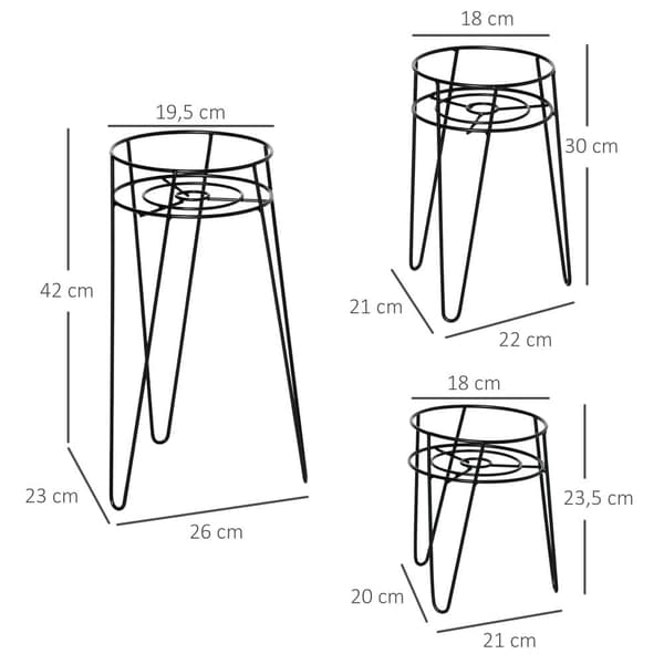 Plante Stand Sæt, 21x20x23.5 cm, 22x21x30 cm, 26x23x42 cm, Sort