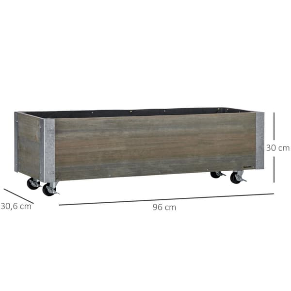 Rootz -plante på ruller - rektangulær planter - havearbejdebakke - massivt træ metal - kunstvanding og dræning - 96 cm x 30,6 cm x 30 cm