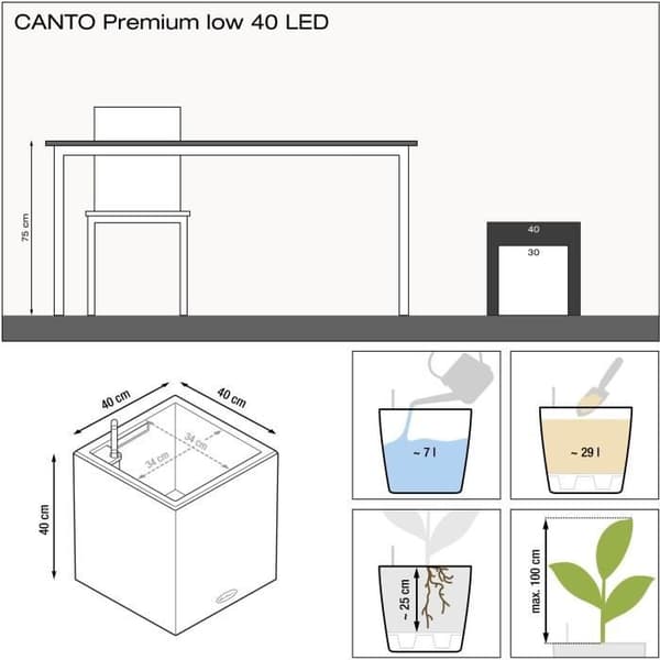 LECHUZA Canto Premium Cube 40 -kukkaruukku - täydellinen LED-setti, metallinen antrasiitti
