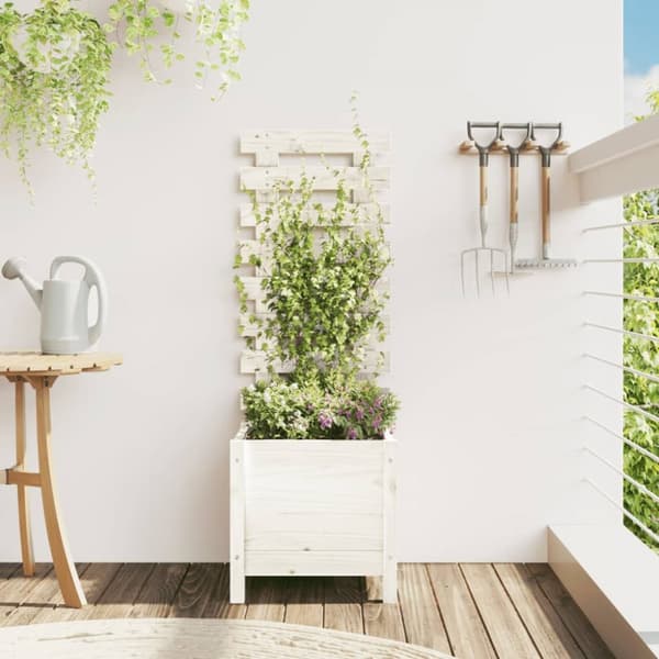 Odlingslåda med spaljé vit 39x39,5x114 cm massiv furu