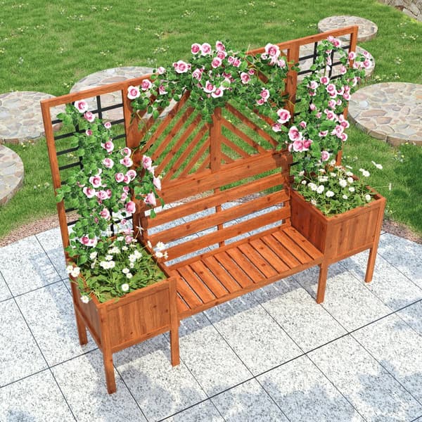 Plantekasse med espalier og bænk – Plantekasse i massivt fyrretræ til have, terrasse og terrasse – Brun