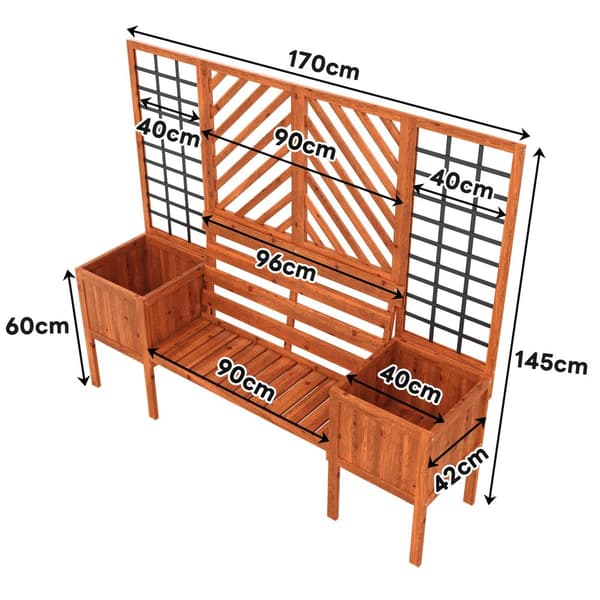Plantekasse med espalier og bænk – Plantekasse i massivt fyrretræ til have, terrasse og terrasse – Brun
