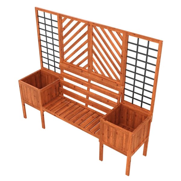 Plantekasse med espalier og bænk – Plantekasse i massivt fyrretræ til have, terrasse og terrasse – Brun