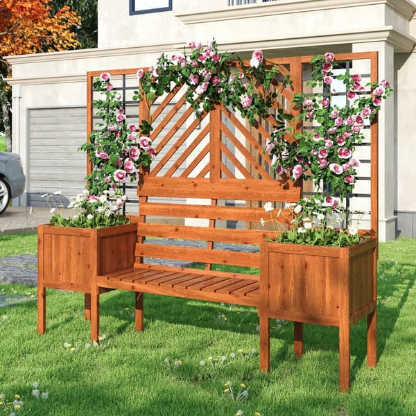 Plantekasse med espalier og bænk – Plantekasse i massivt fyrretræ til have, terrasse og terrasse – Brun