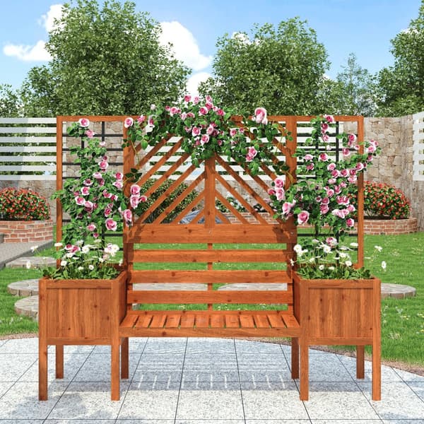 Plantekasse med espalier og bænk – Plantekasse i massivt fyrretræ til have, terrasse og terrasse – Brun
